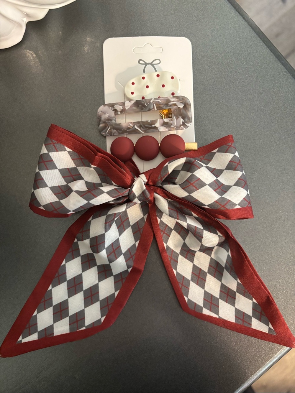 Grey burgundy white checker scarf & clips